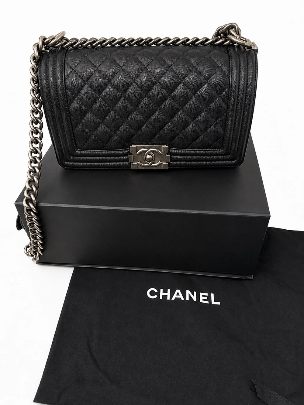 CHANEL Black Quilted Boy Bag with Silver Hardware